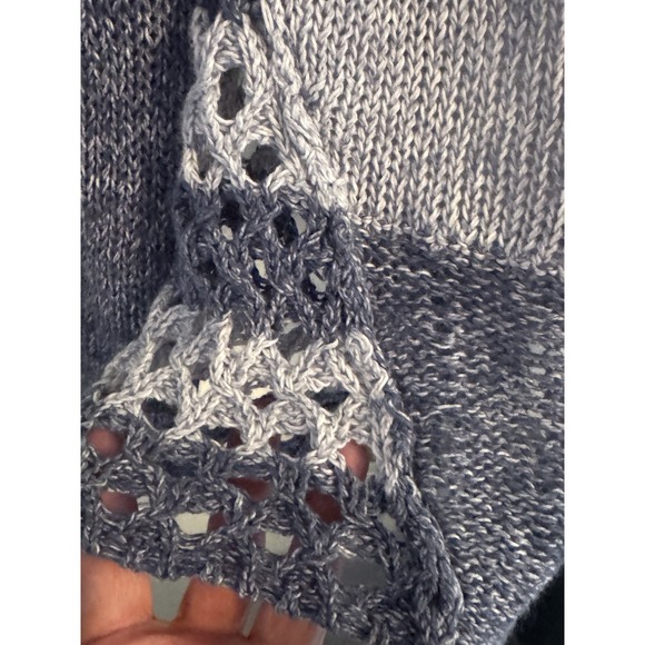 Chico's Women's Sz 2 Blue Open Knit Crochet Asymmetrical Hem Sweater - Picture 2 of 7